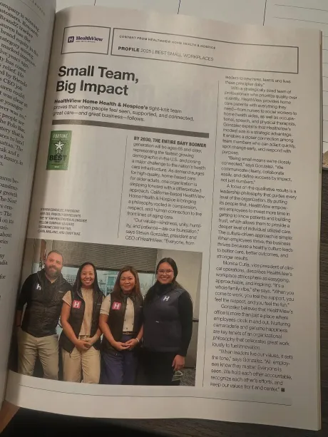A page of Fortune magazine titled Small Team, Big Impact, with a photo of Steven Gonzalez, Shermane Constantino, Carol Mislang-Tondares and Cindy Diaz in HealthView vests.
